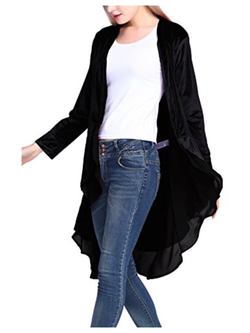 Velvet Open Front Cardigan Coat Long Sleeve Asymmetric Chiffon Hem Sweater